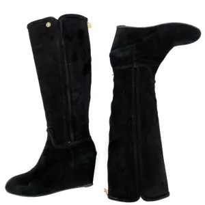 Tory Burch Irene Black Suede Wedge Tall Boots Size 6