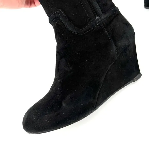 Tory Burch Irene Black Suede Wedge Tall Boots Size 6