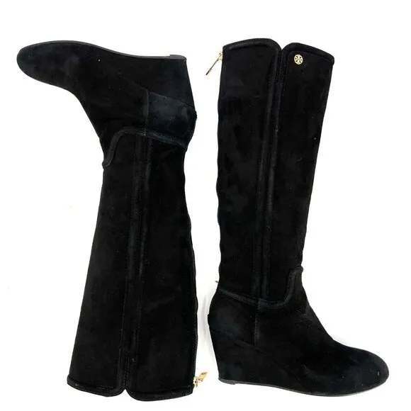 Tory Burch Irene Black Suede Wedge Tall Boots Size 6