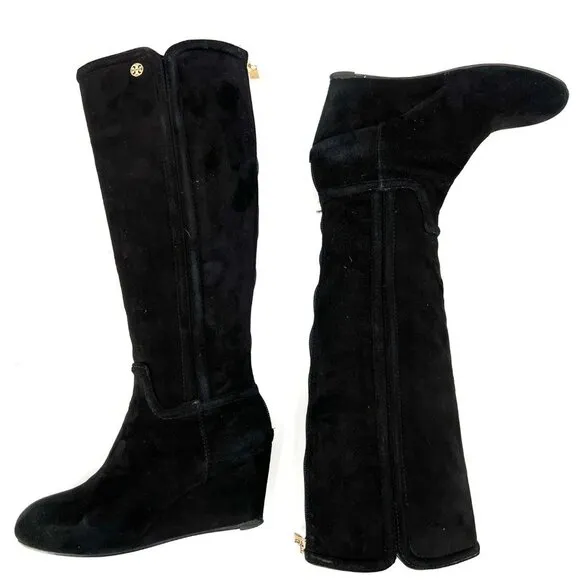 Tory Burch Irene Black Suede Wedge Tall Boots Size 6