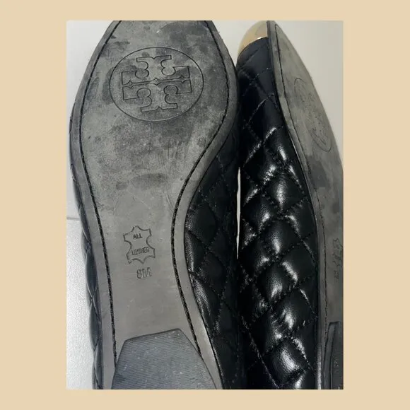 Tory Burch Kaitlin Quilted Black Ballet Flats – Gold Cap Toe, Size 8