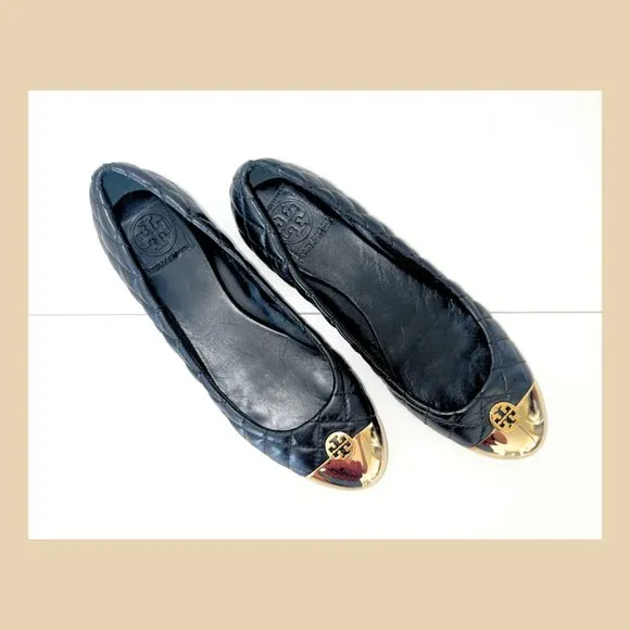 Tory Burch Kaitlin Quilted Black Ballet Flats – Gold Cap Toe, Size 8