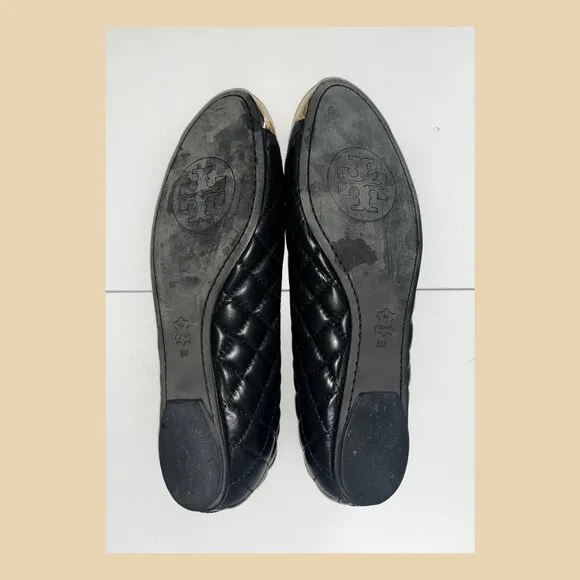 Tory Burch Kaitlin Quilted Black Ballet Flats – Gold Cap Toe, Size 8