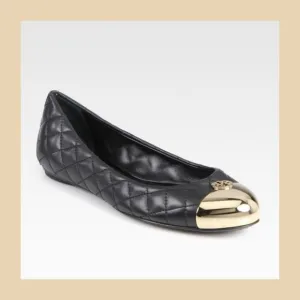 Tory Burch Kaitlin Quilted Black Ballet Flats – Gold Cap Toe, Size 8