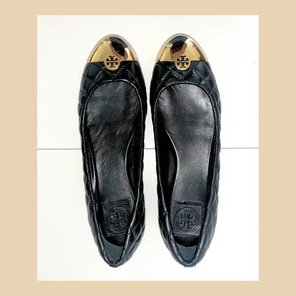 Tory Burch Kaitlin Quilted Black Ballet Flats – Gold Cap Toe, Size 8