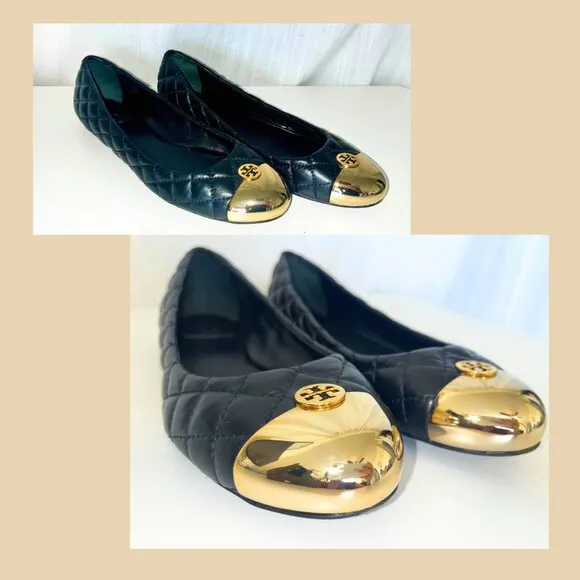 Tory Burch Kaitlin Quilted Black Ballet Flats – Gold Cap Toe, Size 8