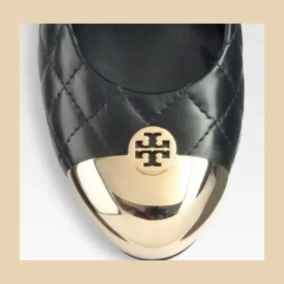 Tory Burch Kaitlin Quilted Black Ballet Flats – Gold Cap Toe, Size 8