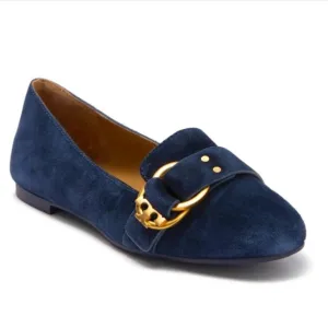 TORY BURCH MARSDEN BLACK SUEDE GOLD TONE BELTED REVA SMOKING SLIPPER FLATS