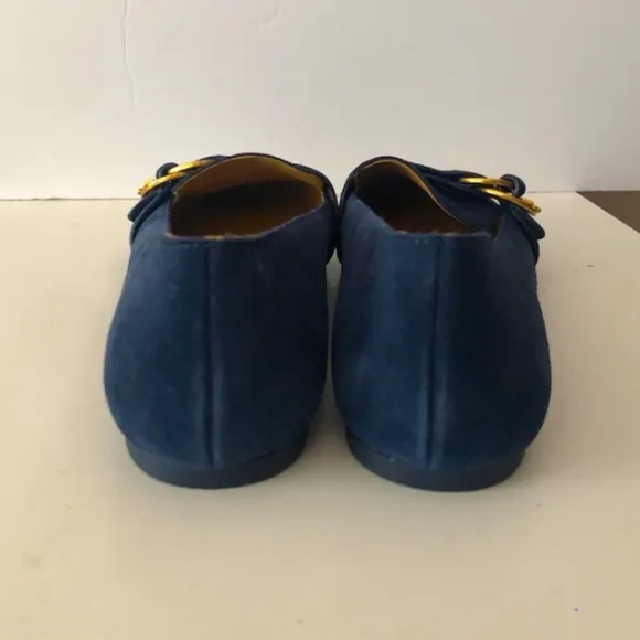 TORY BURCH MARSDEN BLACK SUEDE GOLD TONE BELTED REVA SMOKING SLIPPER FLATS