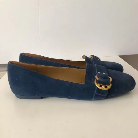 TORY BURCH MARSDEN BLACK SUEDE GOLD TONE BELTED REVA SMOKING SLIPPER FLATS