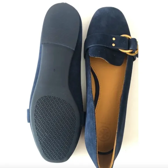 TORY BURCH MARSDEN BLACK SUEDE GOLD TONE BELTED REVA SMOKING SLIPPER FLATS