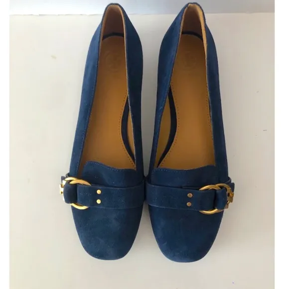 TORY BURCH MARSDEN BLACK SUEDE GOLD TONE BELTED REVA SMOKING SLIPPER FLATS