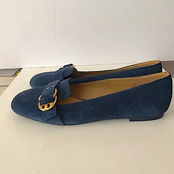 TORY BURCH MARSDEN BLACK SUEDE GOLD TONE BELTED REVA SMOKING SLIPPER FLATS