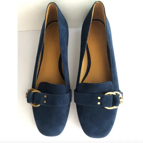 TORY BURCH MARSDEN BLACK SUEDE GOLD TONE BELTED REVA SMOKING SLIPPER FLATS