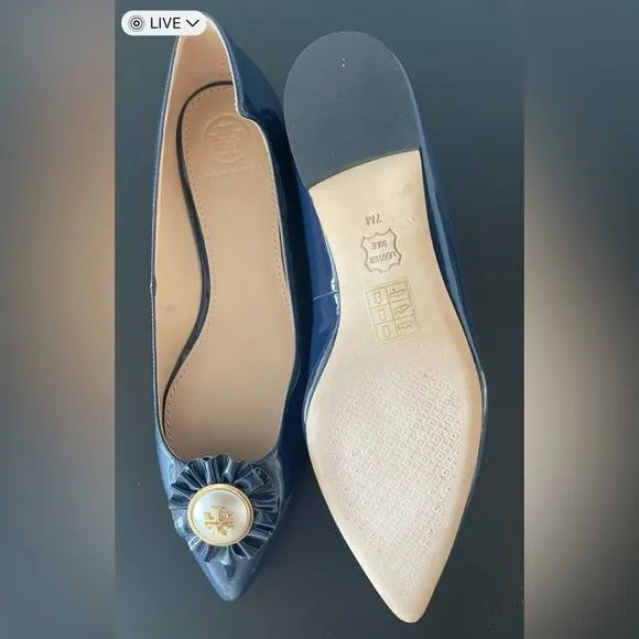 Tory Burch Melody Navy Patent Leather Logo Pearl Bow Pointed Toe Flats Womens 7