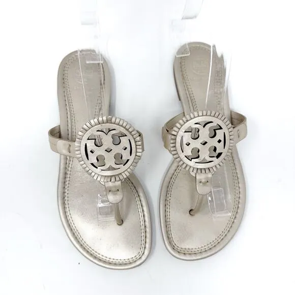 TORY BURCH Metallic Gold Fringe Miller Logo Sandals Slides Flip Flops Size 7.5