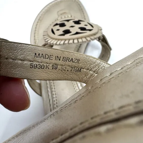 TORY BURCH Metallic Gold Fringe Miller Logo Sandals Slides Flip Flops Size 7.5