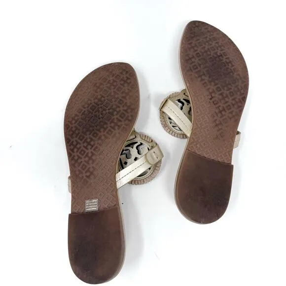 TORY BURCH Metallic Gold Fringe Miller Logo Sandals Slides Flip Flops Size 7.5