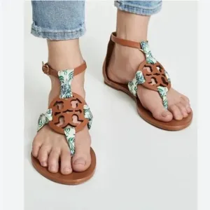 TORY BURCH Miller Scarf Thong Sandals T Strap Ankle Strap Leather Brown Tan 6.5