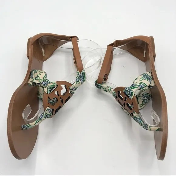 TORY BURCH Miller Scarf Thong Sandals T Strap Ankle Strap Leather Brown Tan 6.5