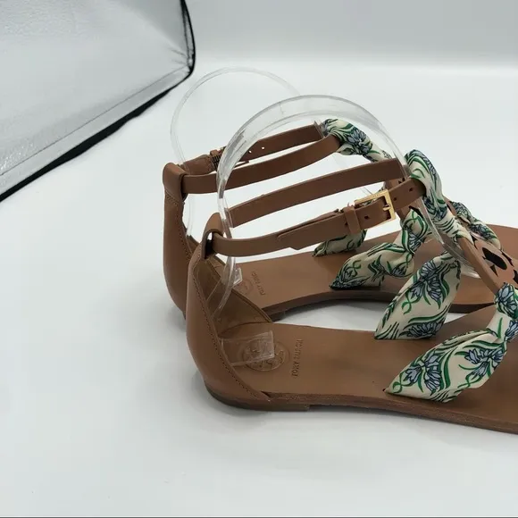 TORY BURCH Miller Scarf Thong Sandals T Strap Ankle Strap Leather Brown Tan 6.5