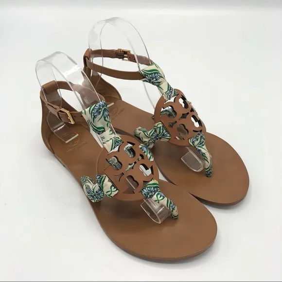 TORY BURCH Miller Scarf Thong Sandals T Strap Ankle Strap Leather Brown Tan 6.5
