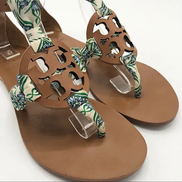 TORY BURCH Miller Scarf Thong Sandals T Strap Ankle Strap Leather Brown Tan 6.5