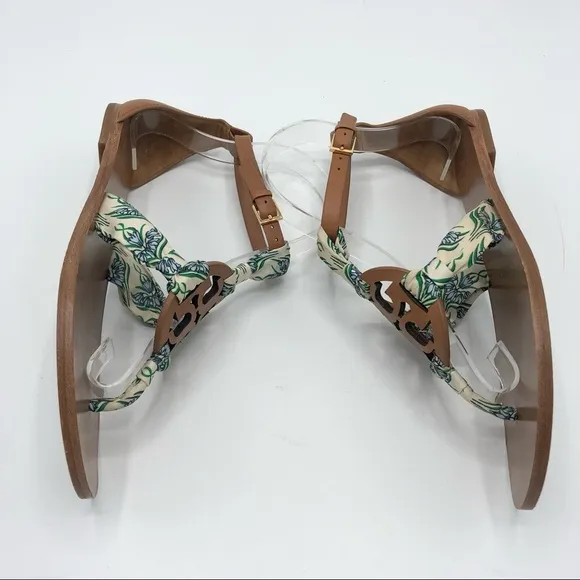 TORY BURCH Miller Scarf Thong Sandals T Strap Ankle Strap Leather Brown Tan 6.5