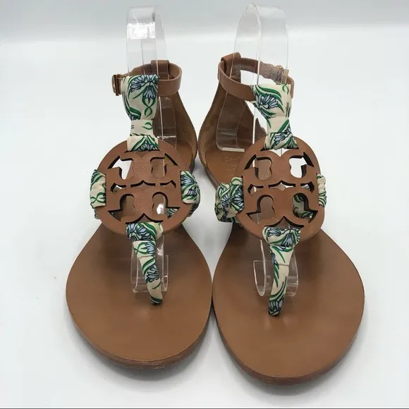 TORY BURCH Miller Scarf Thong Sandals T Strap Ankle Strap Leather Brown Tan 6.5