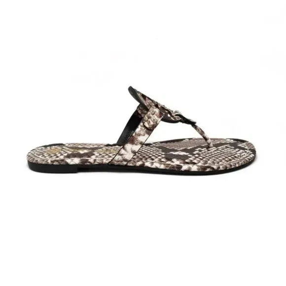 Tory Burch Miller Stamped Snake Print Leather Slip On Flat Sandals Women…