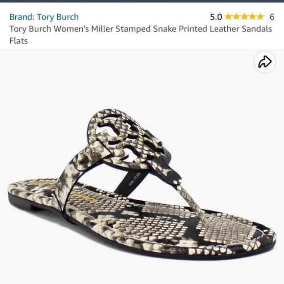 Tory Burch Miller Stamped Snake Print Leather Slip On Flat Sandals Women…