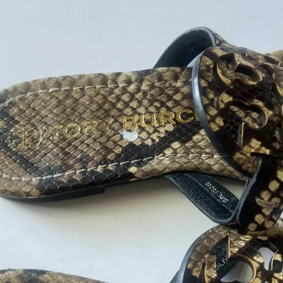Tory Burch Miller Stamped Snake Print Leather Slip On Flat Sandals Women…