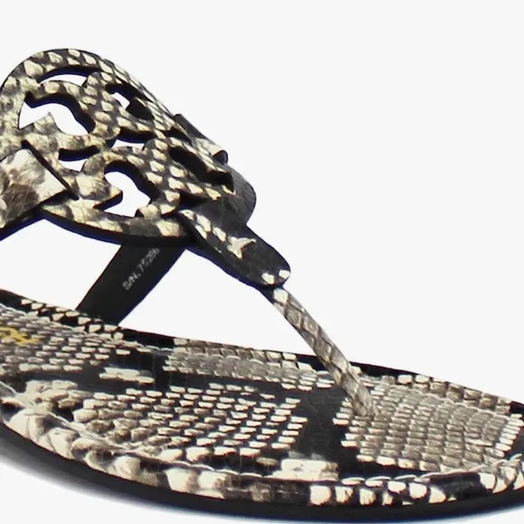 Tory Burch Miller Stamped Snake Print Leather Slip On Flat Sandals Women…