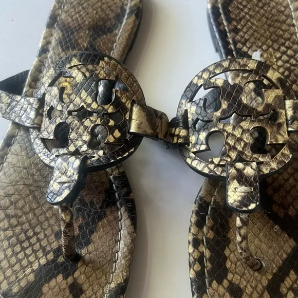 Tory Burch Miller Stamped Snake Print Leather Slip On Flat Sandals Women…