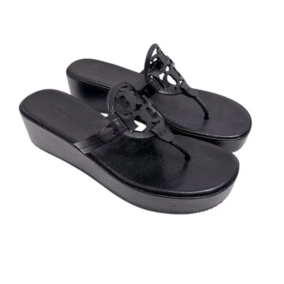 Tory Burch Miller Wedge Platform Sandals Black Sz 9.5
