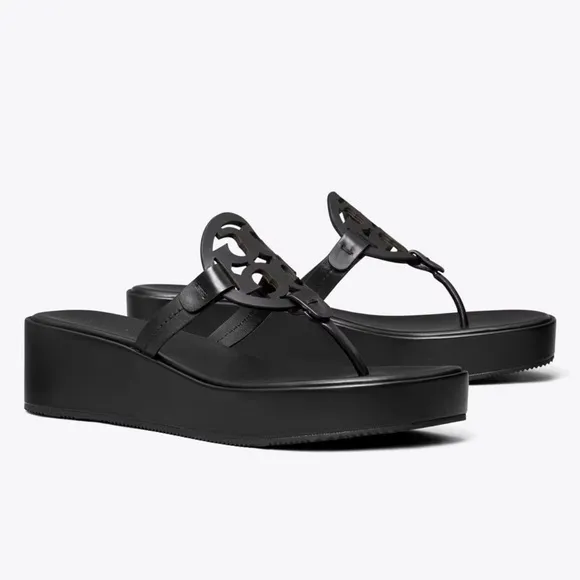 Tory Burch Miller Wedge Platform Sandals Black Sz 9.5