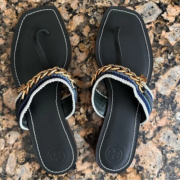 Tory Burch Mini Benton Gold Chain Band Sandal Poblano Green Blue Yonder