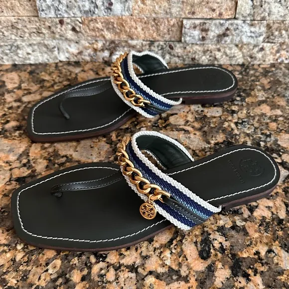 Tory Burch Mini Benton Gold Chain Band Sandal Poblano Green Blue Yonder