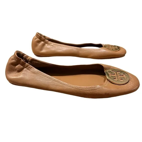 Tory Burch Minnie Royal Tan Leather Travel Ballet Flats Size 10​​​​​