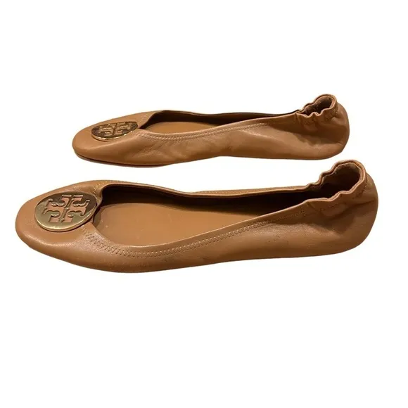 Tory Burch Minnie Royal Tan Leather Travel Ballet Flats Size 10​​​​​