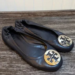 Tory Burch Minnie Travel Flats Navy/Silver Logo Size 8 M