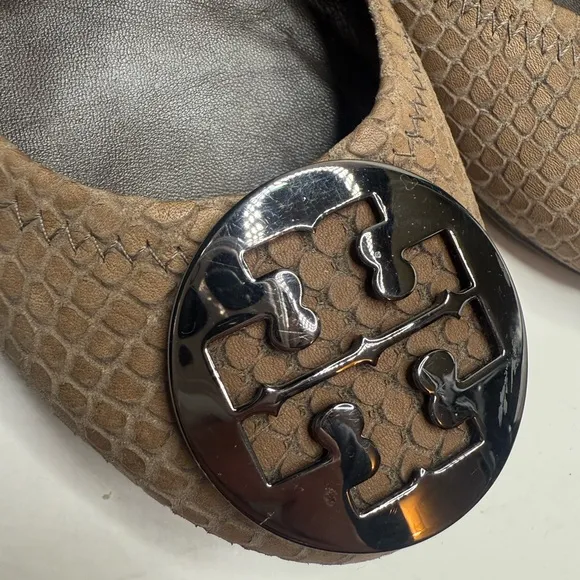 Tory Burch Minnie Travel Pewter Snakeskin Ballet Flats S-248 Sz 8.5M