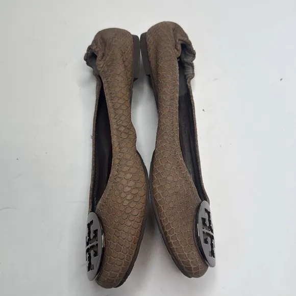 Tory Burch Minnie Travel Pewter Snakeskin Ballet Flats S-248 Sz 8.5M