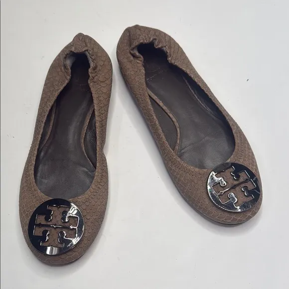Tory Burch Minnie Travel Pewter Snakeskin Ballet Flats S-248 Sz 8.5M