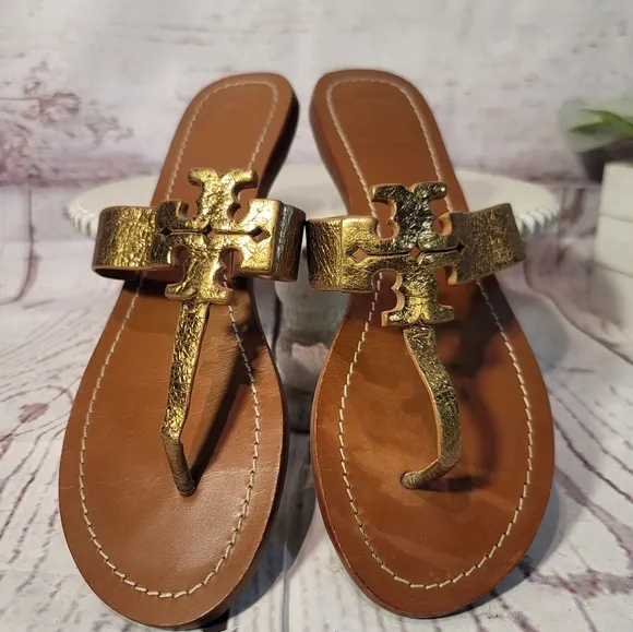 Tory Burch Moore Bronze-Brown Women's T-Strap Thong Slipon Sandals Size 8