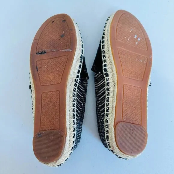 TORY BURCH NAVY AND NEUTRAL SIGNATURE LOGO ESPADRILLES