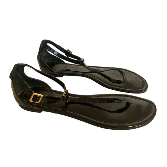 TORY BURCH Patent Leather‎ Cutout Accent T-Strap Sandals, Size 9.5M