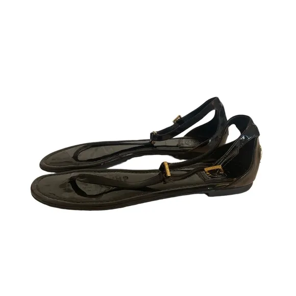TORY BURCH Patent Leather‎ Cutout Accent T-Strap Sandals, Size 9.5M