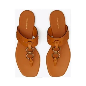 Tory Burch Perrine Vintage Plaque Leather Flat Sandals Brown Womens Size 6 NWOT