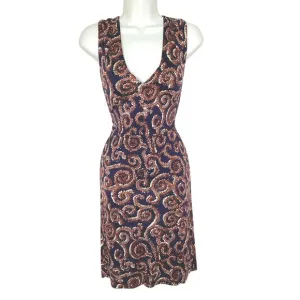 Tory Burch Rust Navy Print Silk Jersey Sleeveless Fitted Dress Zipper S